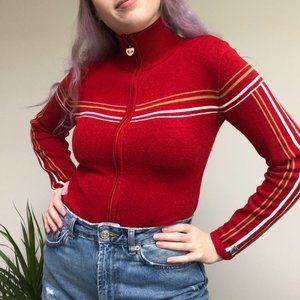 Vintage Rossingol Red Mock neck Zip-up Wool blend Ski Sweater Size M